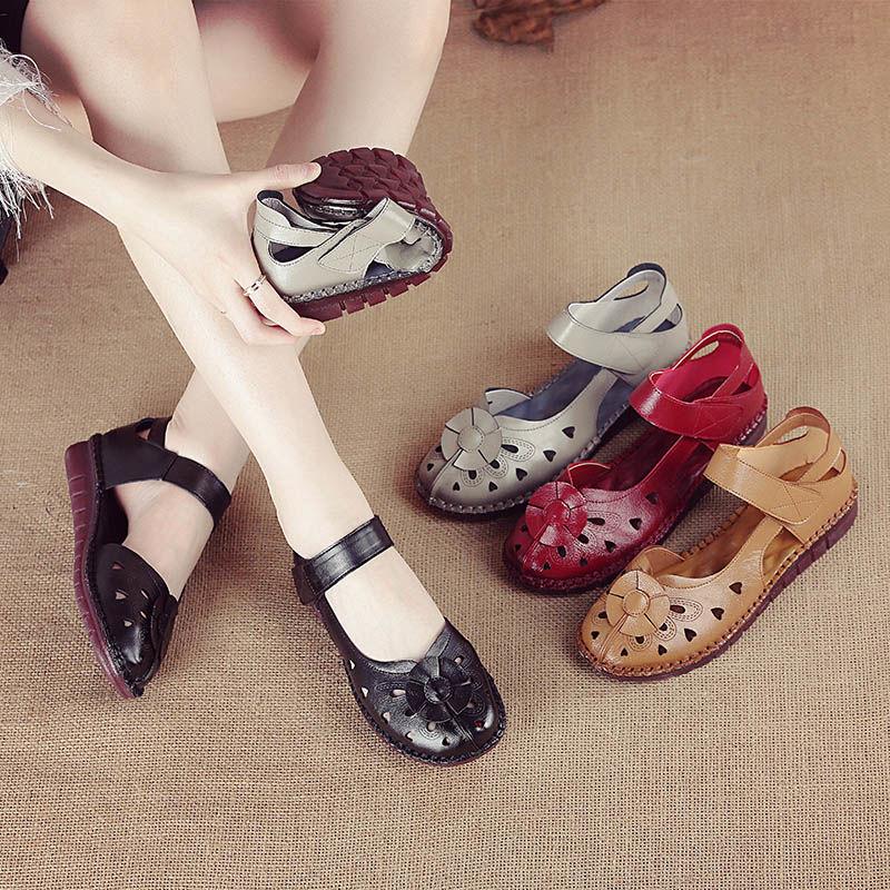

Sandals Hollow Out Summer Shoes Woman 2022 Genuine Leather Ladies Mary Jane Soft Womens Breathable Flat With RoseSandalsSandals, Bluish grey