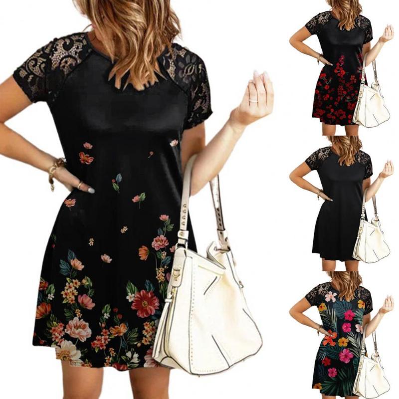 

Party Dresses Summer Women Short Sleeve Mini Dress Casual Print Patchwork Hollow For 2022 Retro Round Neck Loose VestidosParty, Black