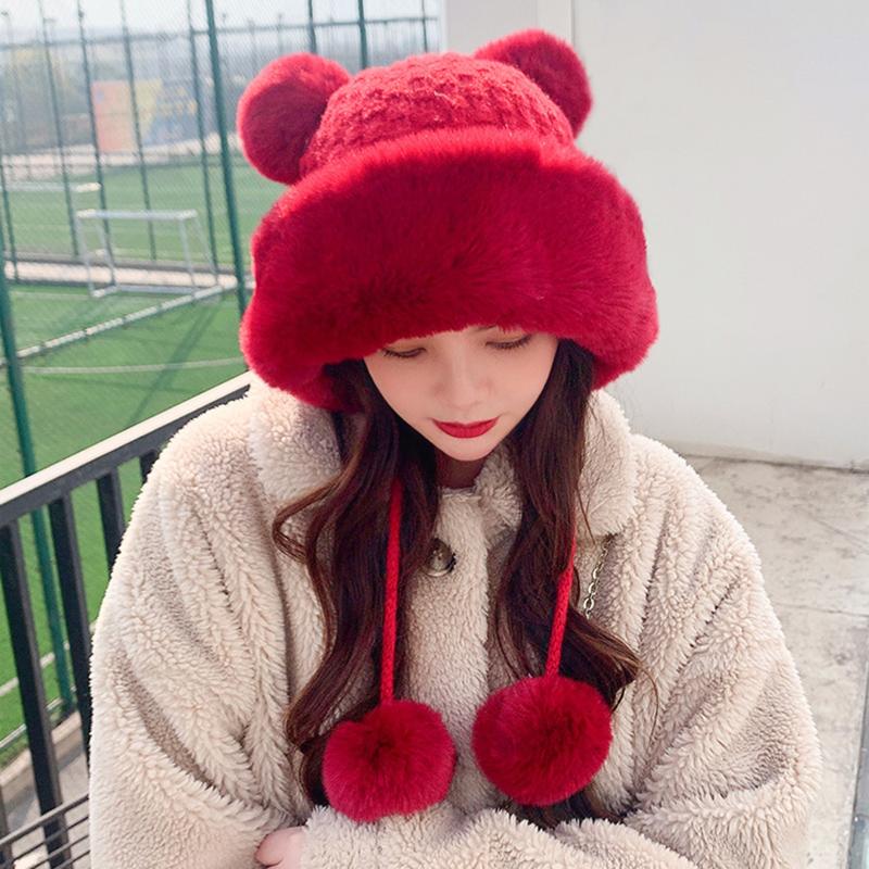 

Beanie/Skull Caps Autumn Winter Hat Women Plush Ball Fluffy Hooded Solid Cute Woolen Knit Beanie Thick Warm Outdoor Ear Protection Cap, Coffee