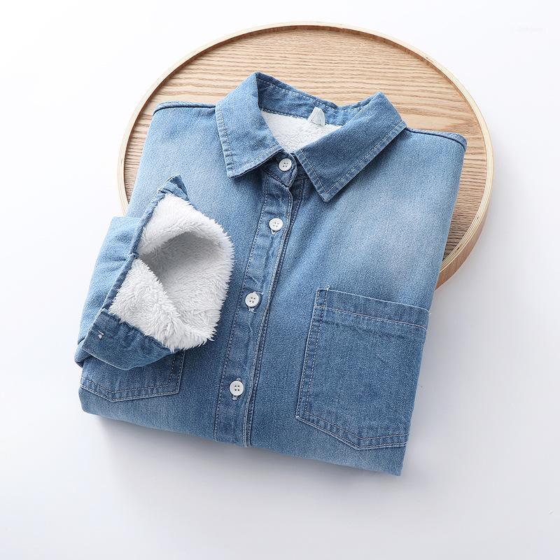 

Autumn Winter Thicken Fleece Denim Shirts Women Casual Loose Solid Color Long Sleeve Warm Blusas Female Basic Blouse Tops1, Light blue