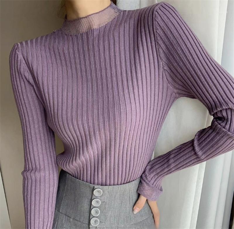 

Women Half High Collar Rib Knitted Shirt Casual Mesh Patchwork Long Flare Sleeve Tops Solid Color Slim Fit Knitwear Clothes Women's T-Shirt, Black