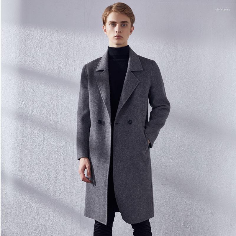 

Men's Wool & Blends Men Coat Winter Korean Youth Double-sided Woolen Long Trench Solid Color Overcoat Cardigan Tops Viol22, Black