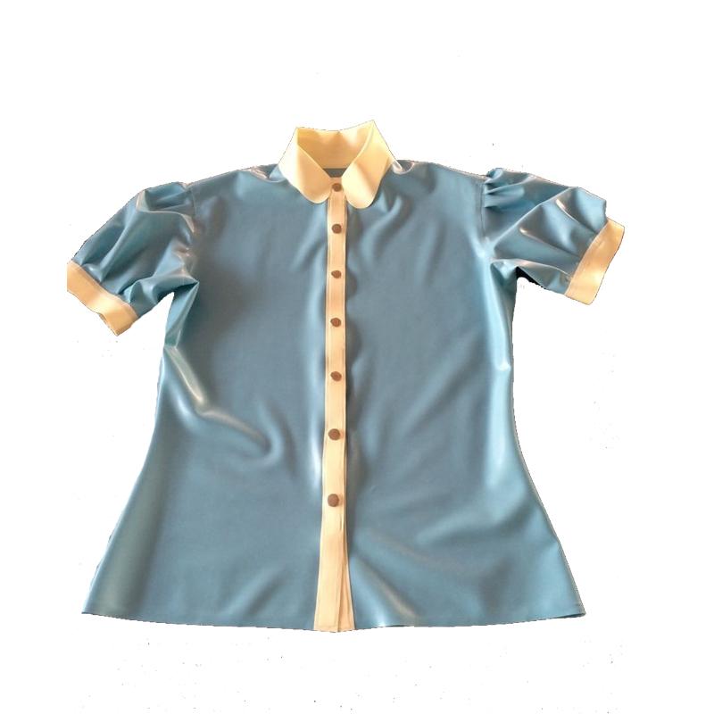 

Bras Sets Latex Unisex Single-breasted Light Blue And White Short Slevees With Collar Size XXS-XXLBras, As pic