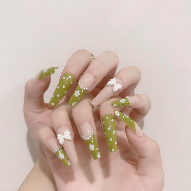 

False Nails Wearable 24pcs Long Coffin Trapezoidal Garden Style French Flower Fake Full Cover Press On Removable Nail Patch Prud22, 46