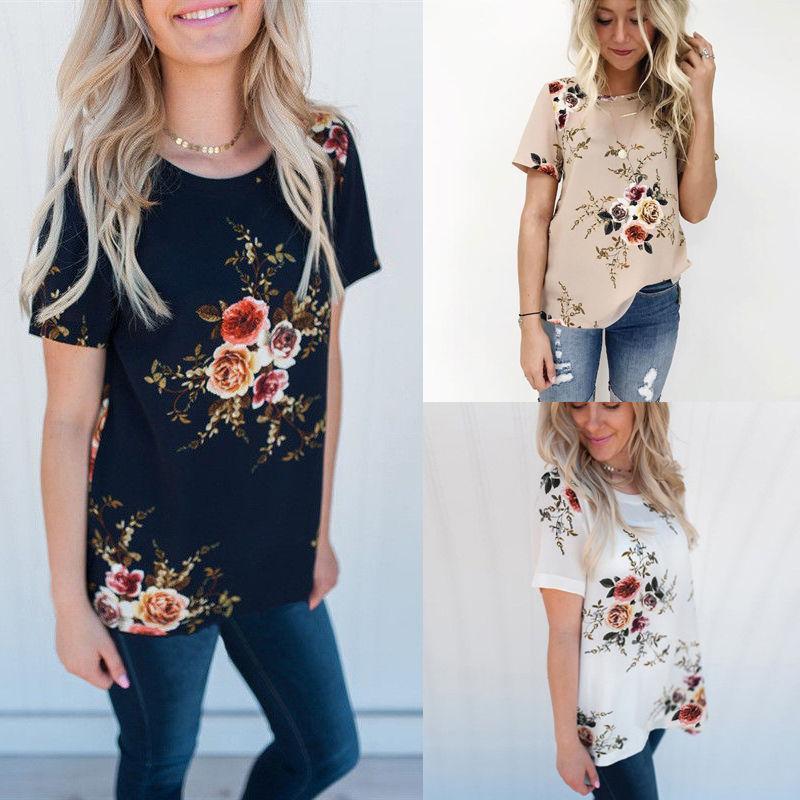 

Women' Blouses & Shirts 2022 Summer Flower Women Blouse Floral Short Sleeve Ladies Chiffon Loose Casual Tops Round Neck Khaki White Navy Bl