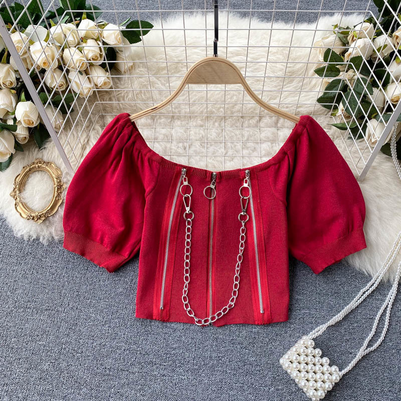 

Women Knitted Short Sweater Cardigan Solid Square Collar Sleeve Slim Zipper Fashion Spring Summer 11B763 210525, Rose pink