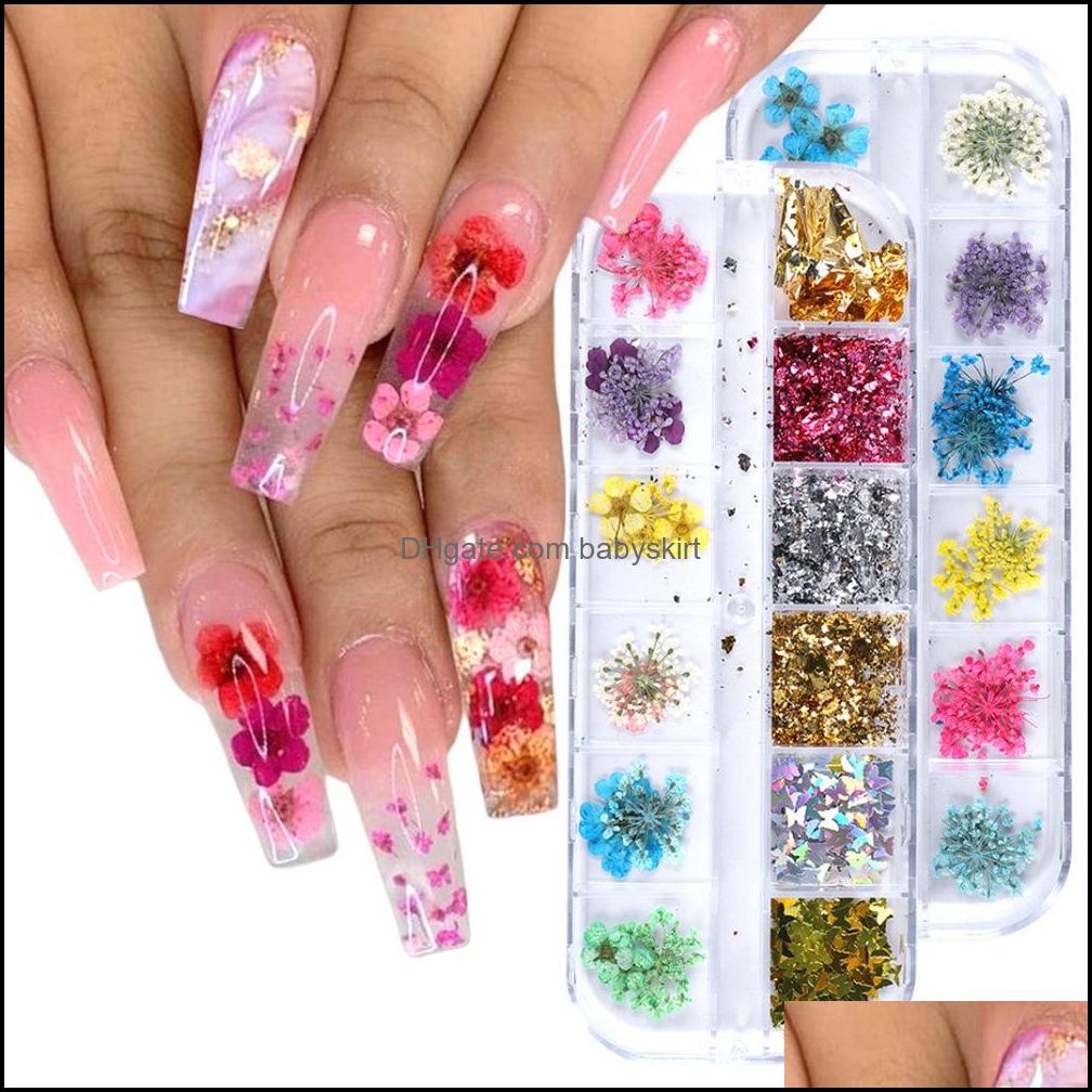 

Stickers Decals Nail Art Salon Health Beauty 12 Grid Dried Flower Glitter Sequins Kits Dry Mini Real Natural Flowers Supplies 3D Applique, As shown