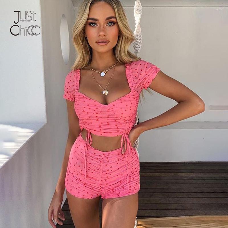 

Justchicc Summer Women Crop Top And Pants Set High Waist Vintage Short Sleeve Sexy Two Piece Polka Dot Matching Women' Tracksuits, Pink