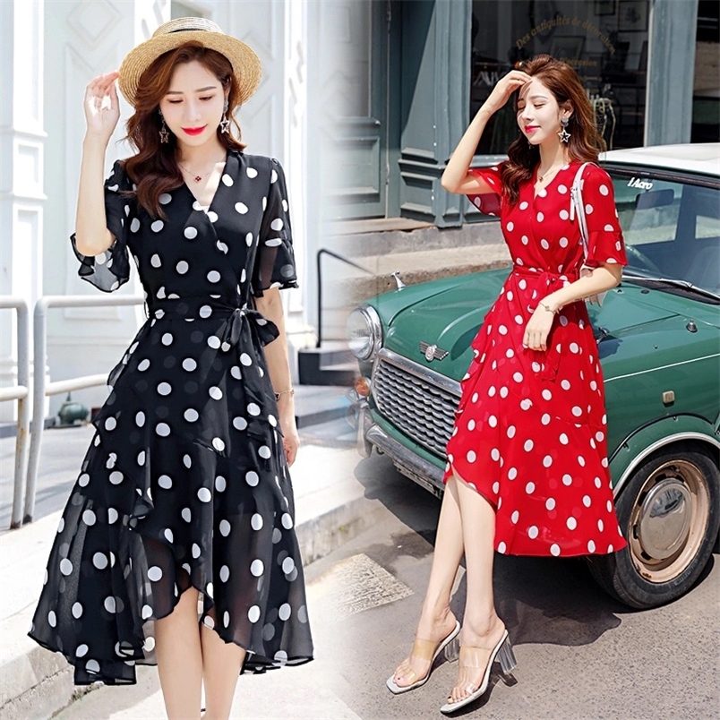 

Slim Vintage Polka Dot Print V Neck Bandage Dress Summer Midi Long Party Women high waist Vestido de festa elegant dress 220613, Black
