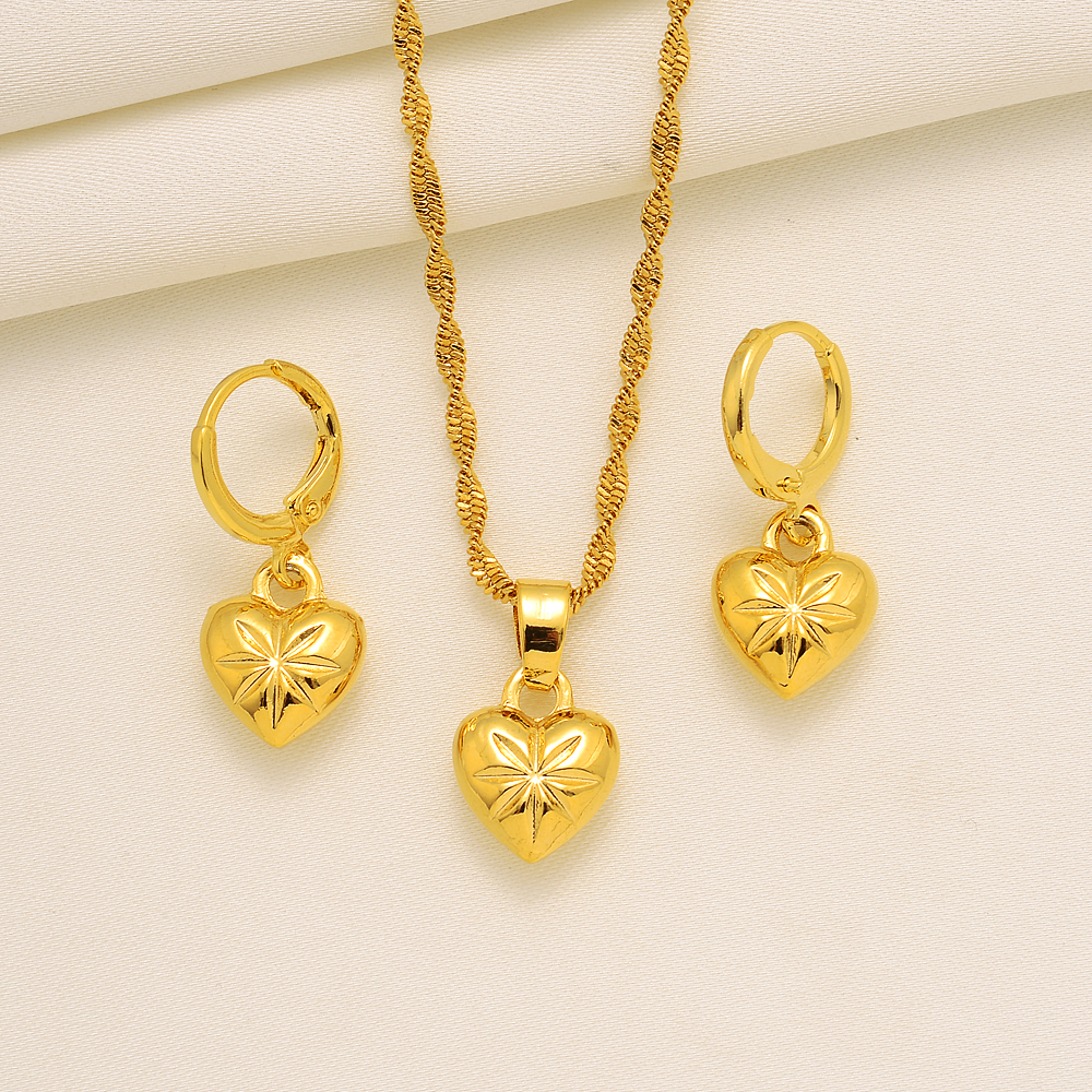 24k Yellow Solid Fine Gold GF Women Heatrt Pendant Necklace earrings Fashion Cute Heart Locket Jewelry-image-782890590