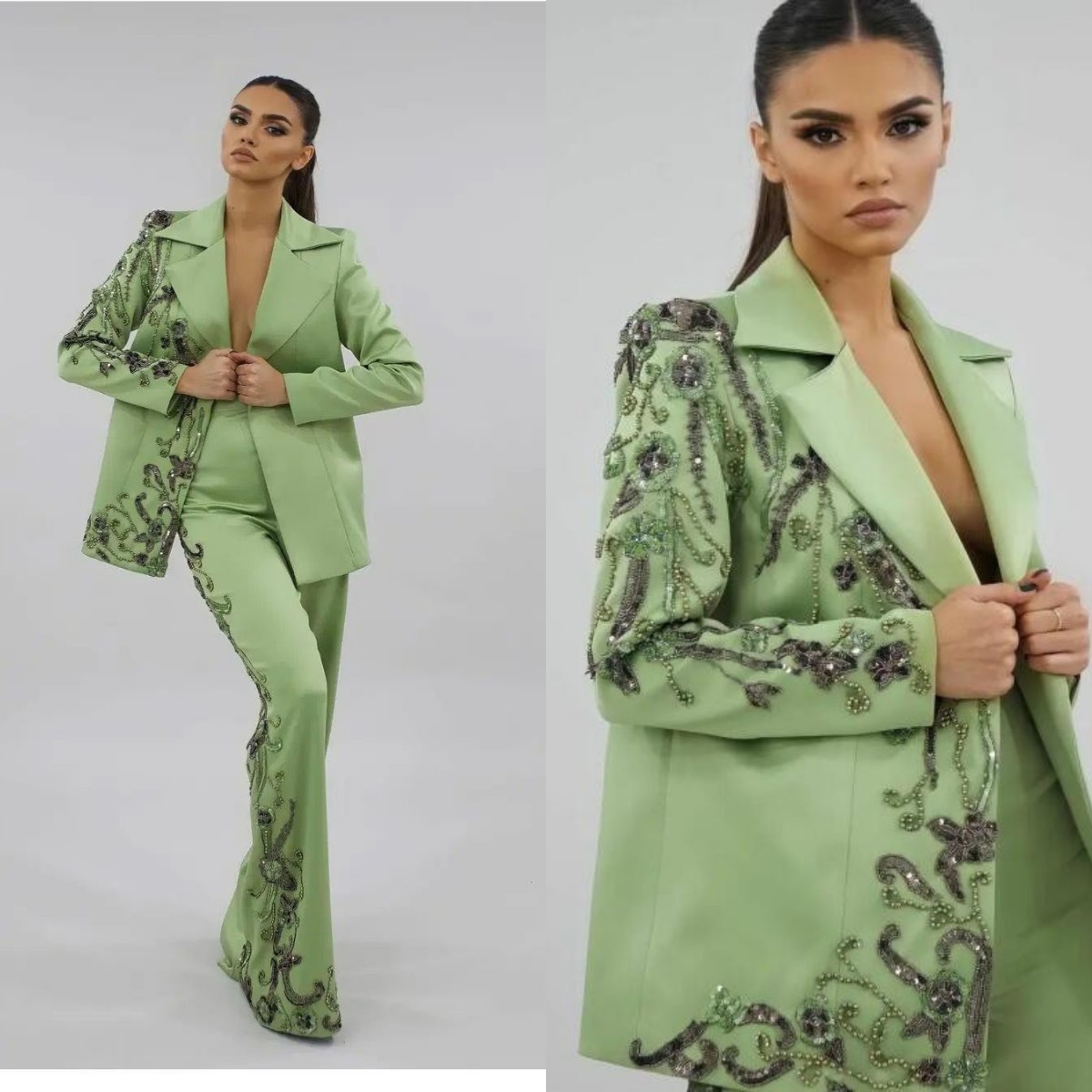 Robes mère de la mariée perlées vert menthe, costumes pantalons pour femmes, tenues deux pièces