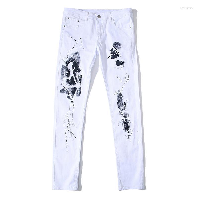

Men's Jeans Style Printing Male Pattern Slim Fashion Elastic Feet White Trousers Men Casual Simple Denim Pants Bert22