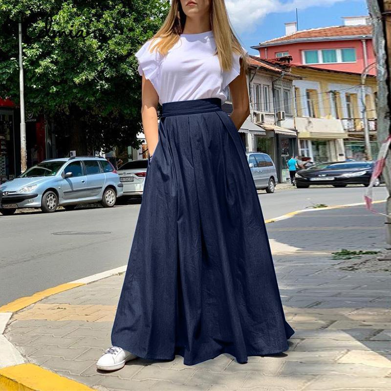 

Skirts Celmia Women A-line Long Fashion 2022 Pleated Back Waist Elastic Maxi Skirt Casual Loose Solid Female, Black