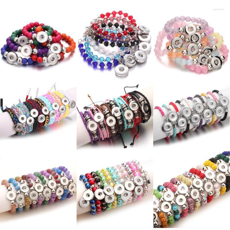 

Charm Bracelets 10pcs/lot Wholesale Beaded Leather Snap Button Bracelet Bangle Handmade 18mm DIY Jewelry Making Fawn22