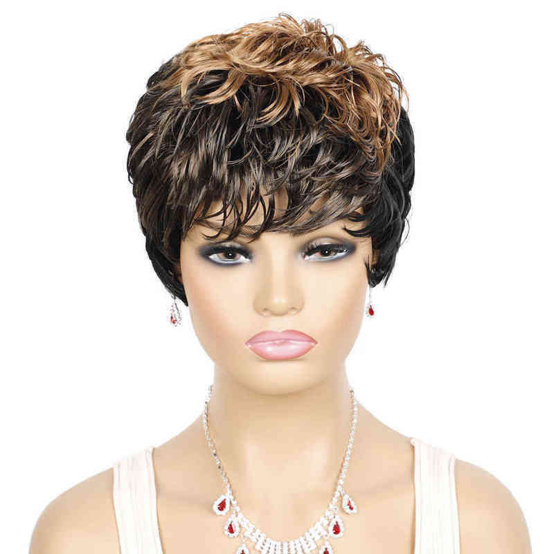 Hair Synthetic Wigs Cosplay Guruilagu Short Wigs Women Natural Wavy for Black Color Heat Resistant Fiber Synthetic Hair Pixie Cut Wig with Bangs 220225