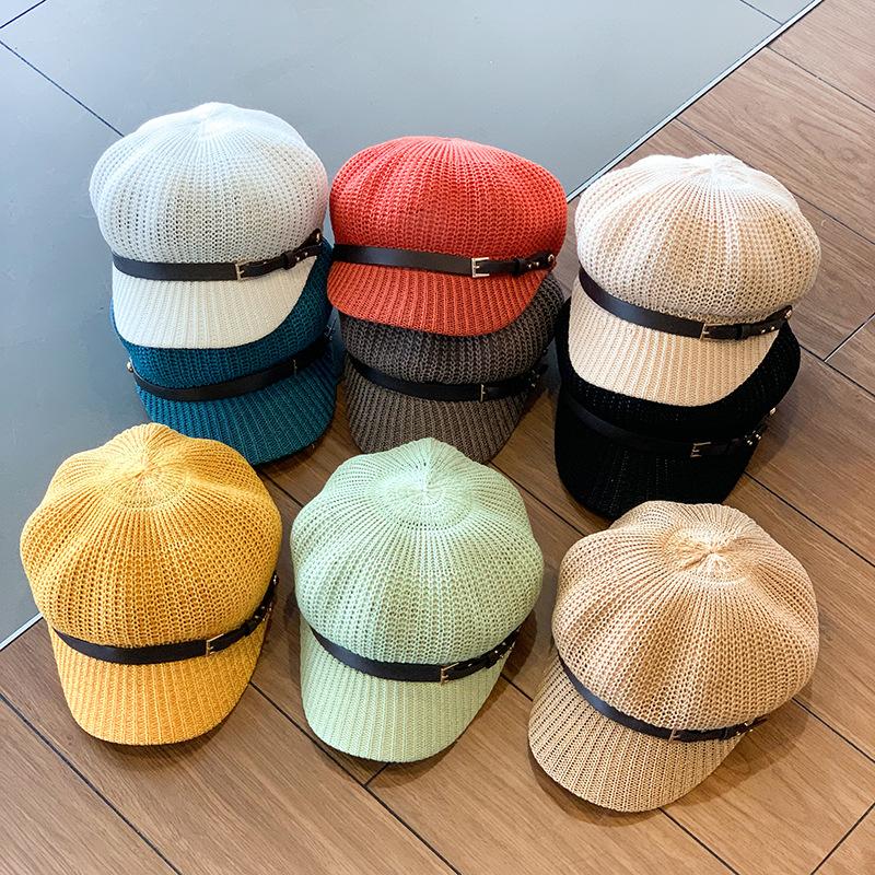 

Berets Breathable Spring Summer Octagonal Cap For Woman Girl Belt Casquette Solid Color Fiberflax Sboy CapBerets, White