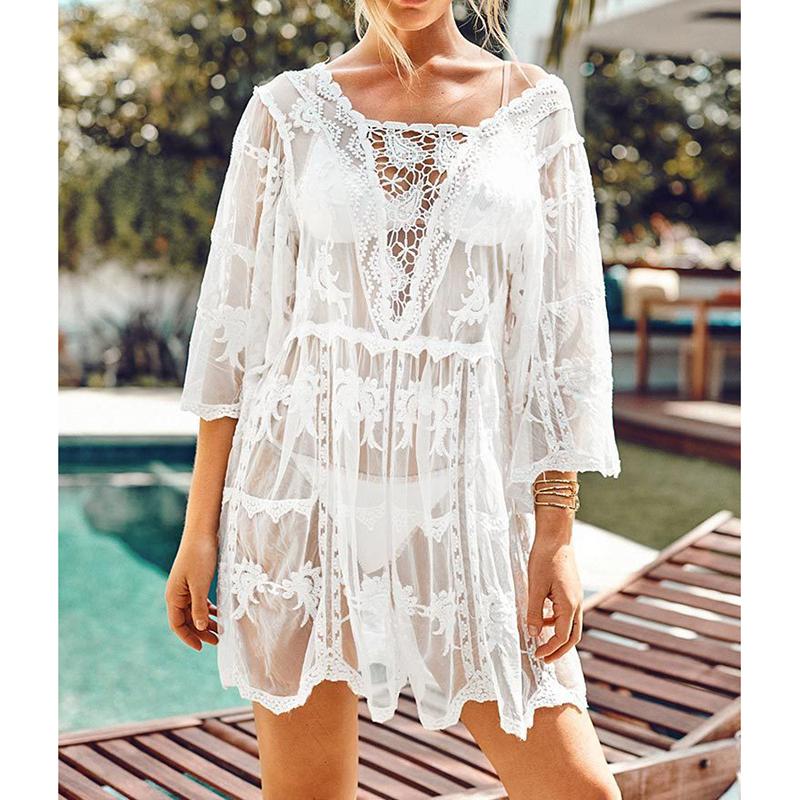 

Women's Swimwear Beachwear Women Bikini Cover Up Solid Chiffon Lace Beach Dress Blouse Tunic Pareos Female Swimsuit Smock For SummerWomen's, White