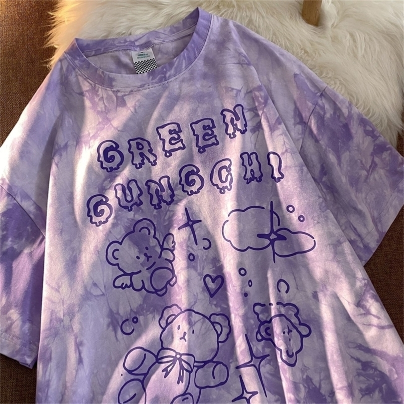 

Cotton Cute Bear Tshirt Streetwear Summer Oversized T Shirt Women Harajuku Short Sleeves Tops Tee Hip Hop Tie Dyed Funny 220401, Purple