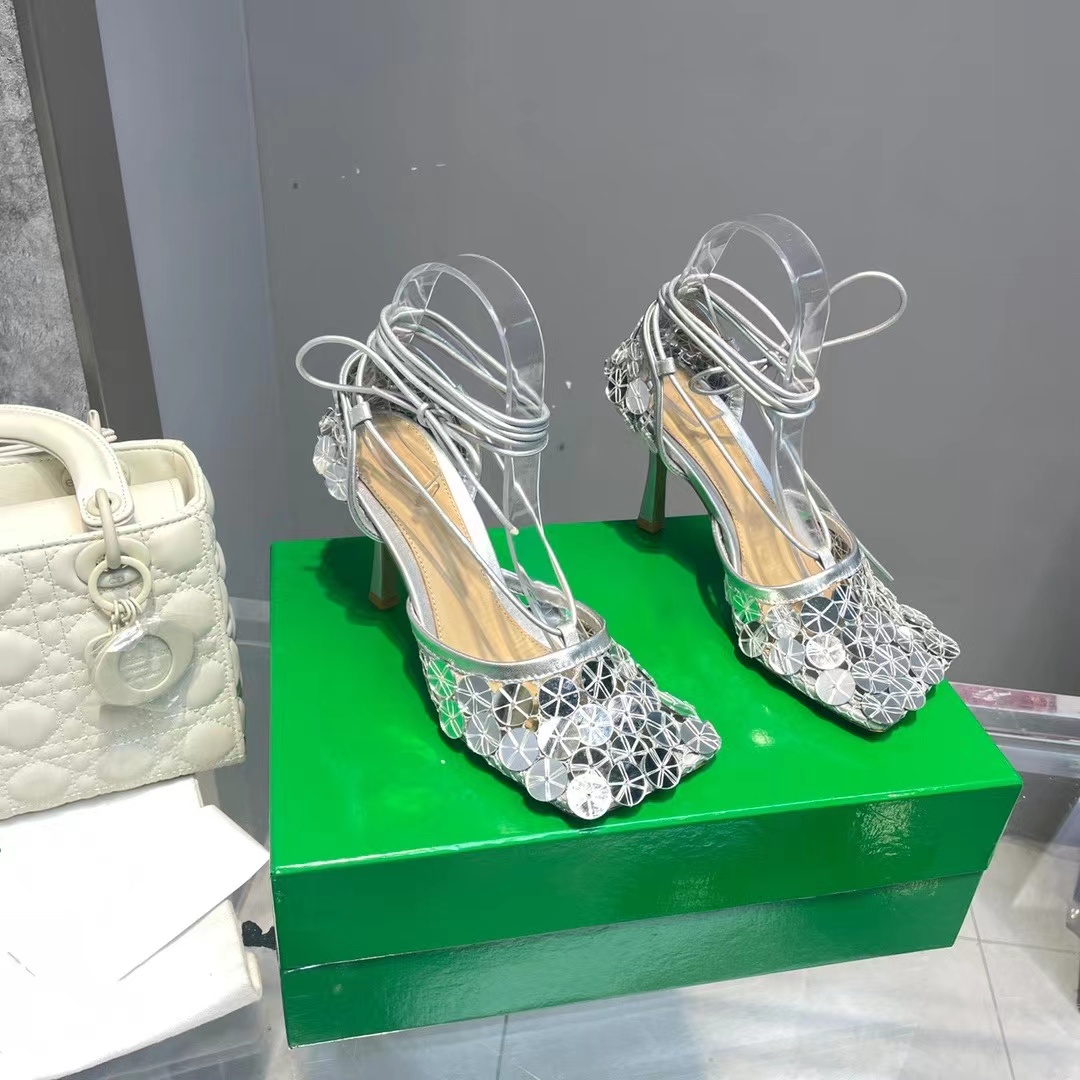 

New diamond crystal square toe sandals women cross shoe leather mesh net design high heels Weman air, Greenshoe box