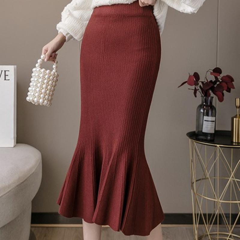 

Skirts Thick Knitted Fishtail Hip Skirt Autumn Basic High Waist Black A Line Mid-length Ruffled RYXBSQ388