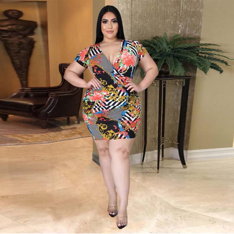 

Plus Size Dresses Women Clothing Fashion V-neck Short Sleeve Floral Print Dress Sexy Tight Mini Ladies Pleated Summer 2022Plus, Black