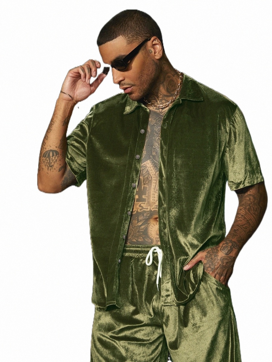 

men Velvet Shirt & Drawstring Waist Shorts j4vv#, Army green