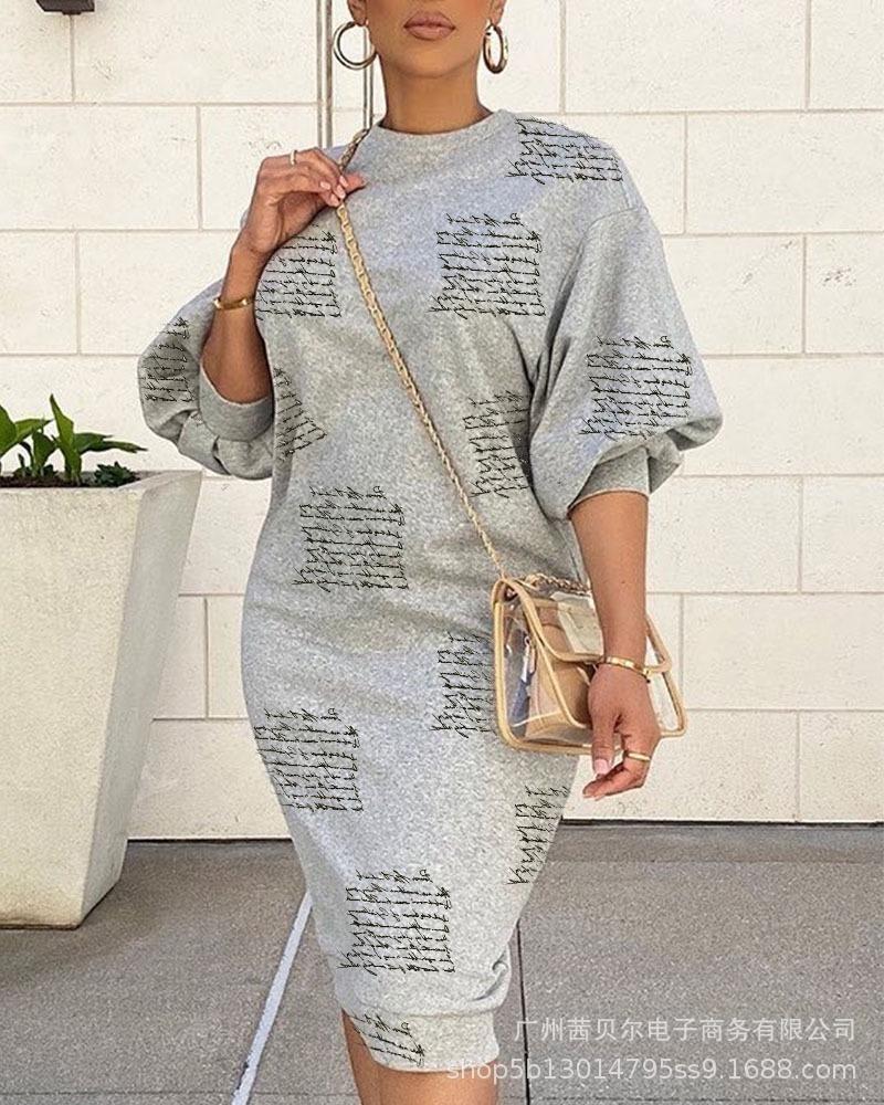 

Casual Dresses Donsignet Printing Round Neck Hoodie For Women Office Lady Knitting, Gray