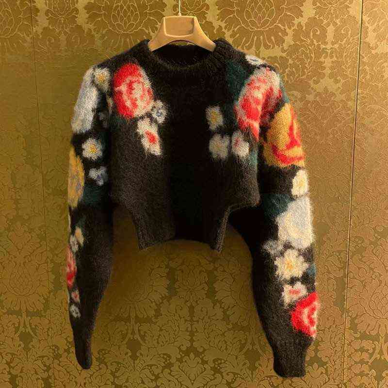 

Mohair jacquard pullover celebrity gentle short hairy top temperament sweater spring, Black