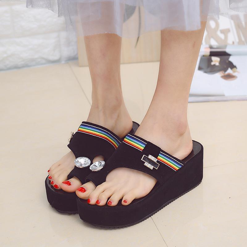 

Slippers 2022 Women's Flip Flops Black White Wedges Heels Sandals Women Rhinestone Ladies Platform Shoes Summer Footwear