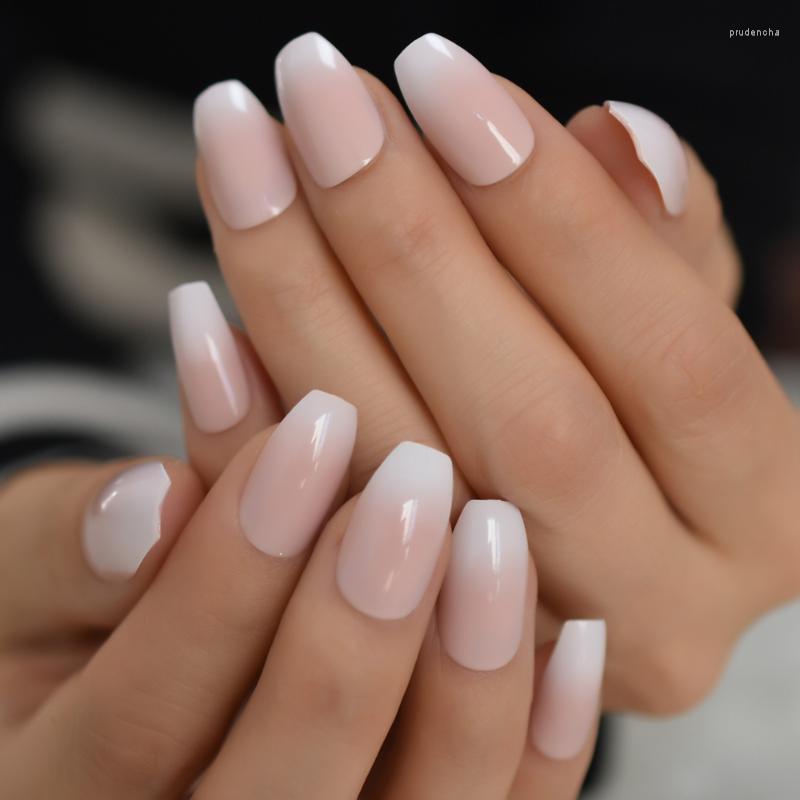 

False Nails Medium Shiny Coffin French Nail Gradient Nude Natural Ballerinas Tips Daily With Glue Stickers Practice Prud22, L5206