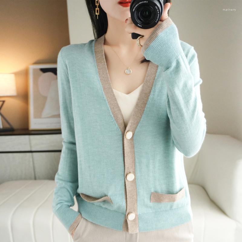 

Women' Knits & Tees Spring Thin Wool Cardigan Long-Sleeved V-Neck All-match Stitching Top Female JacketWomen' Mari22, Rice camel color