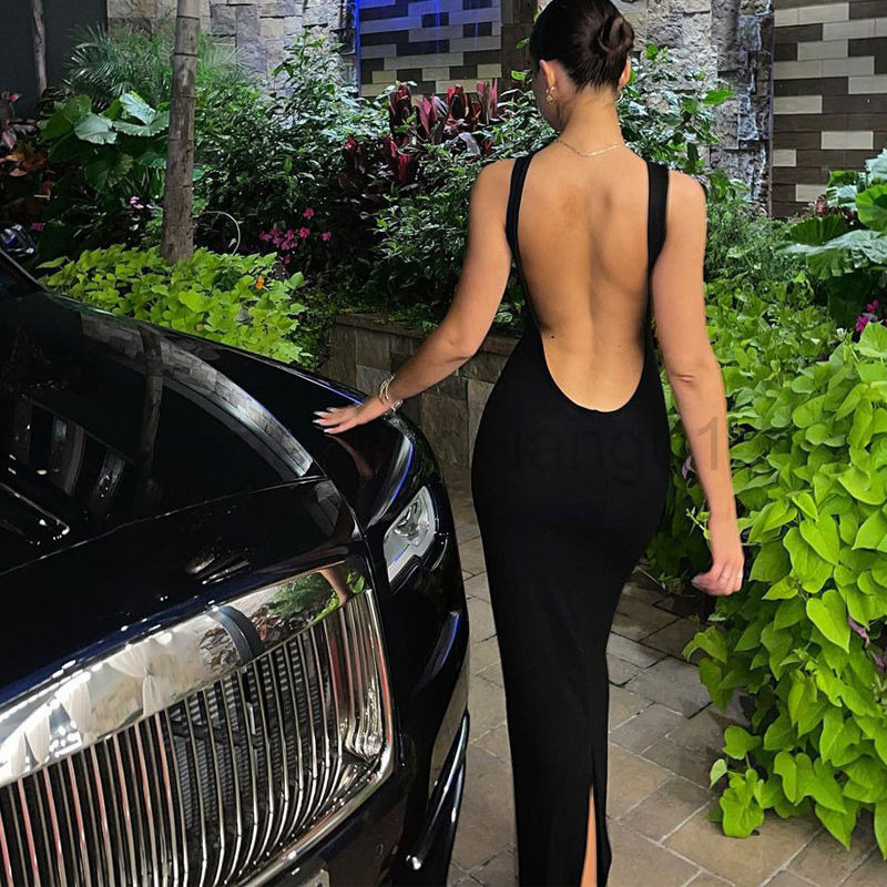 Designer Wed Prom Bridesmaid Summer Flower Girl Dress Temperament Large Open Back Round Neck Solid Color Bag Hip Split Long Skirt Womens Highend