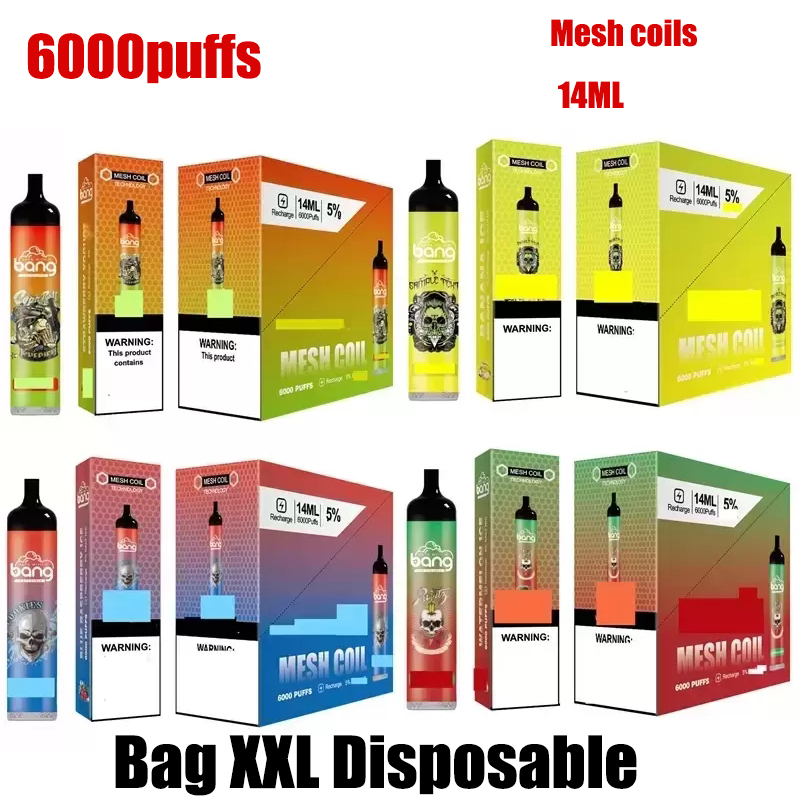 

16500 Battery Bang XXL 6000 Puffs Bars Recharge Battery Mesh Coil Disposable Vape Pen 14ml Pre-filled Pods Cartridge devices bulit-in 850mAh Vaporizer kit