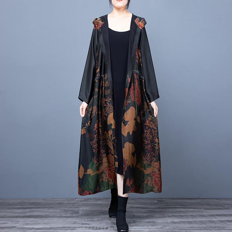 

Women's Trench Coats Large Size 2022 Spring Women Print Loose Casual Coat Female Hooded Long-sleeved Drawstring Long Tops, Green