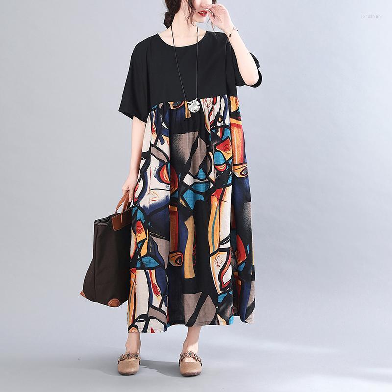 

Plus Size Dresses BBIG Summer Women Fashion Elegant Abstract Print Spliced Tops Ladies Female Large Long Casual Ruffles Cotton Dress Jona22, Black