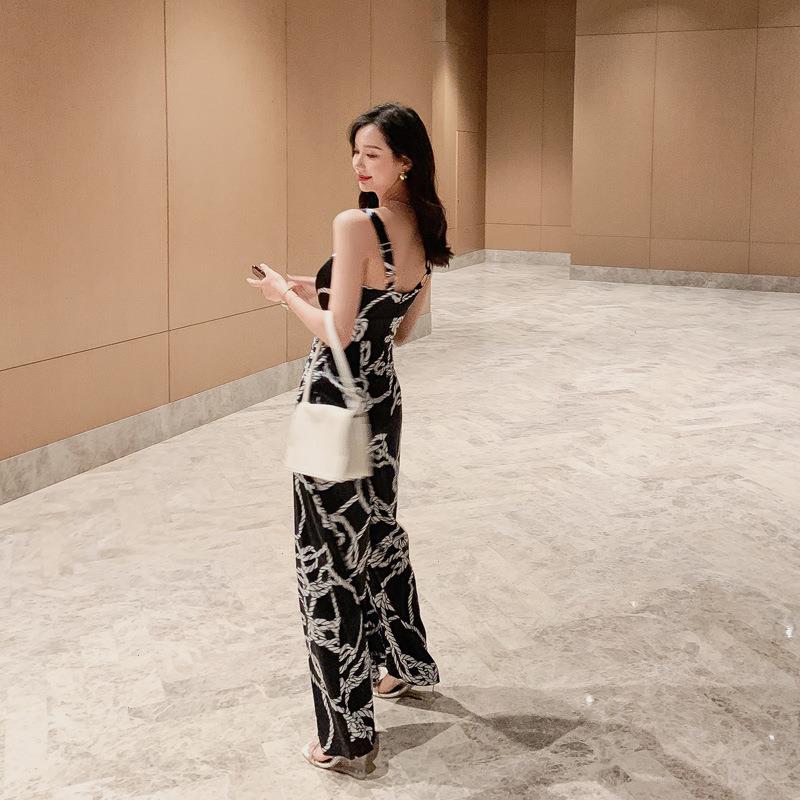 

Women Vintage Printing Waist Jumpsuit Female Cottagecore High Wide Leg Pants Summer Spaghetti Strap, Black