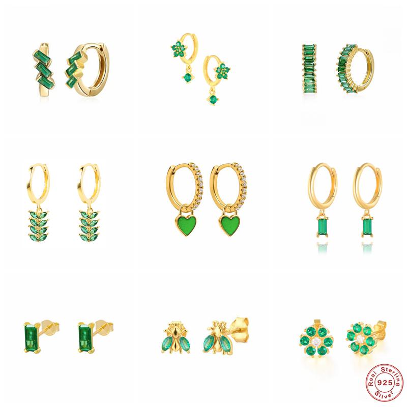 

Hoop & Huggie Genuine 925 Sterling Silver Cartilage Earring Green Zircon Earrings For Women Brincos Oorbellen Pendientes Summer Jewerly