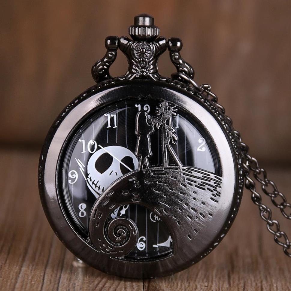 

The Nightmare Before Christmas Quartz Pocket Watch Antique Black Steel Men Women Pendant Necklace Clock Gifts Fob Watch246f