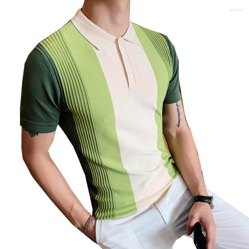 

Men's Sweaters Gradual Change Color Men's Knitted Shirt Short-sleeved Tops Striped Turn Down Collar Business Men ShirtMen's Olga22, Green