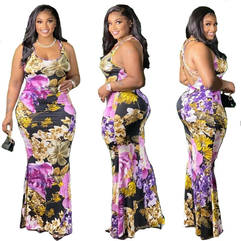 

Plus Size Dresses Clothing 5xl Women's Printed Vest Cross Strap Dress Fashion Round Collar Summer Maxi Wholesale Drop, Green