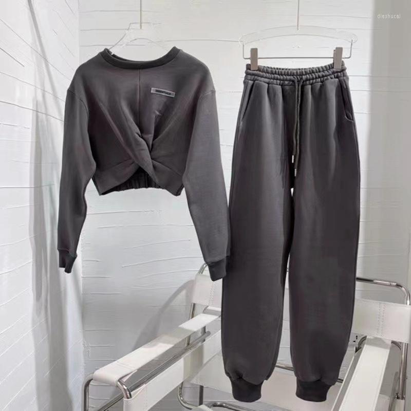 

Women' Two Piece Pants 2022 Autumn Suit Short Sweater Design Sense Net Red Fashion Sports High Waist Casual Two-piece, White