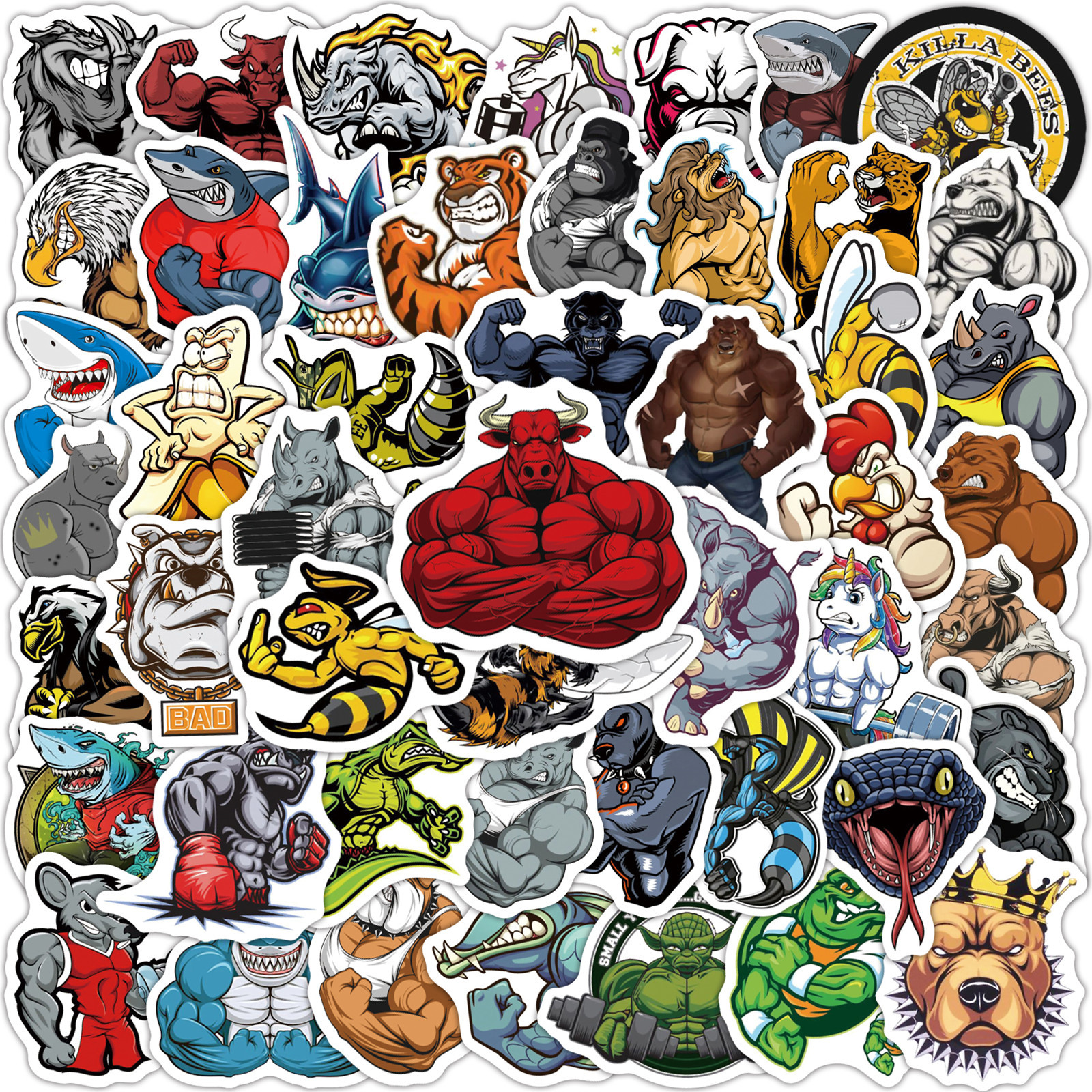 

50PCS Cool Colorful Fitness Fierce Muscle Animal Funny Stickers Motorcycle Luggage Refrigerator Waterproof Graffiti Stickers, Multi colors