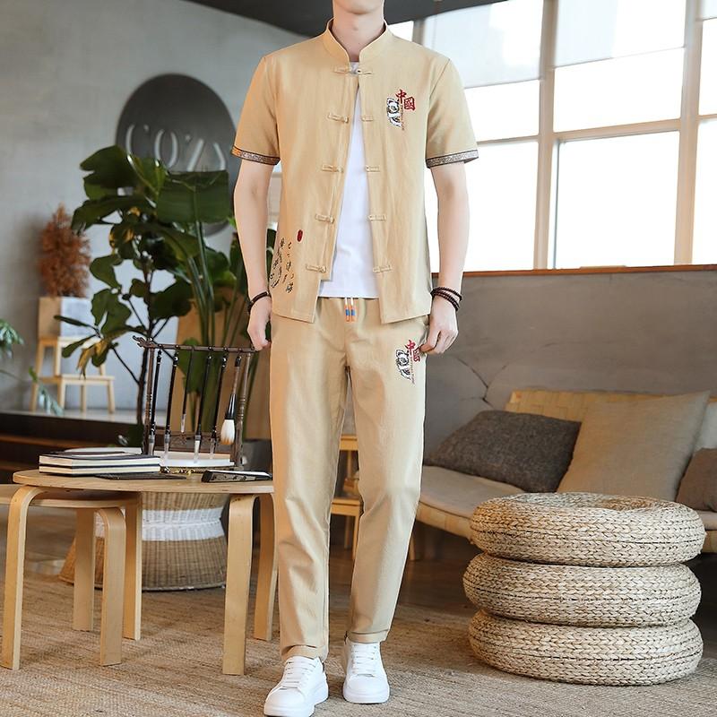 

Men's Tracksuits Men's Tang Suit Retro Text Embroidery Hanfu Shirt T-shirt Trousers Wushu Tai Chi Uniform Two PiecesMen's Men'sMen's, Apricot