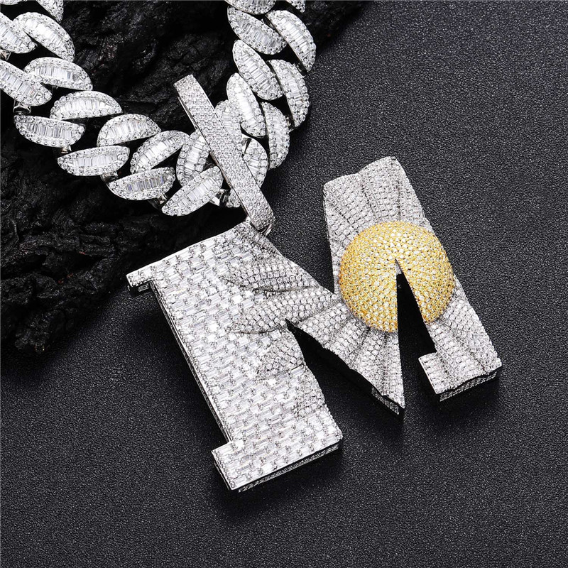 

Hip Hop Iced Out Letter M Daisy Pendant Necklace White Gold Plated with 20MM Cuban Chain Bling Jewelry Gift