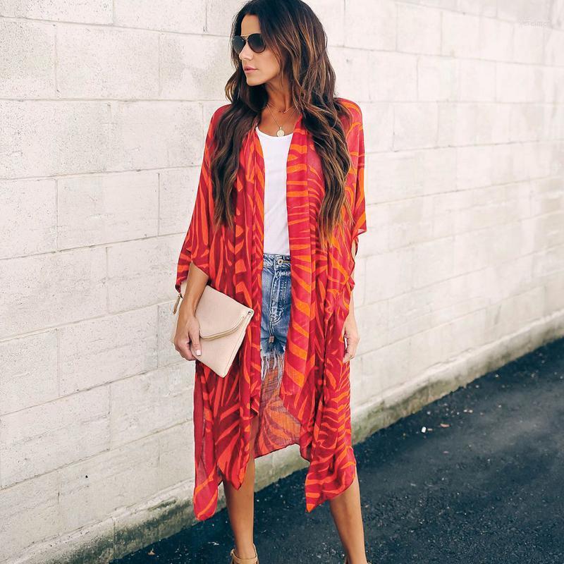 

Women' Blouses & Shirts Zebra Stripe Print Summer Women Coat Light Thin Cotton Ventilate Fabric Red Striped Wide Loos Kimono Batwing Half