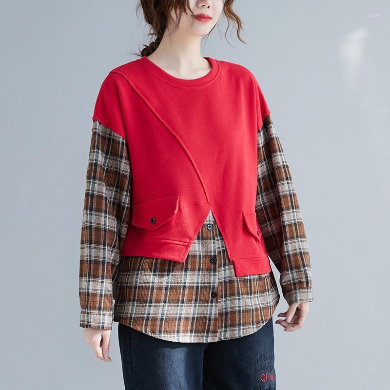 

Women's Hoodies & Sweatshirts Autumn And Winter Plaid Stitching Pullover Women's Loose Long-sleeved Fake Two-piece Asymmetrical HoodiesW, Black