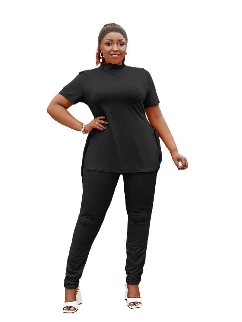 

Plus Size Dresses Mock Neck Tee & Pants Set F7SU#Plus, Black