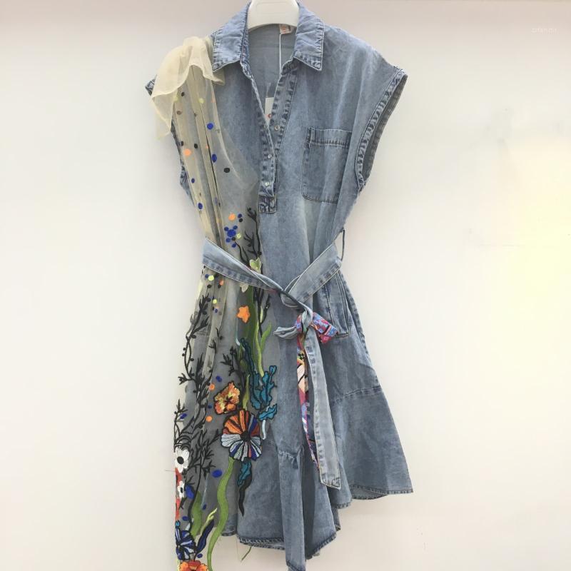 

Casual Dresses 2022 Women' Retro Embroidery Sleeveless Mini Denim Dress Summer Mesh Stitching Irregular Fishtail With Belt Y1257, Blue