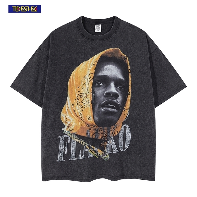 

TIDESHEC Summer Men T shirt Streetwear Vintage Washed Rapper Portrait Print Cotton Oversized Graphics Tee Top 220729, Black