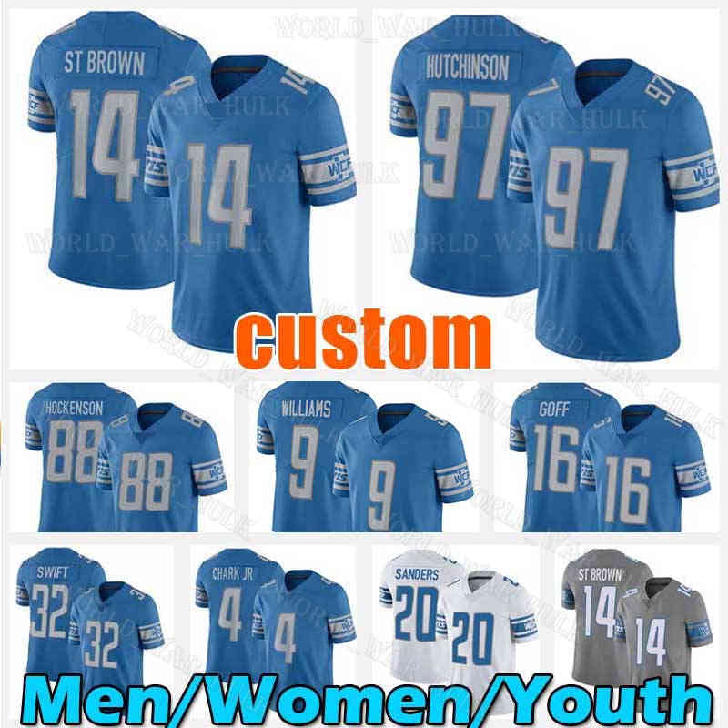 

14 Amon Ra St Brown Football Jersey 9 Jameson Williams Aidan Hutchinson Barry Sanders Detroits Jared Goff Penei Sewell DAndre Swift Lions TJ Hockenson Frank Ragnow, Custom women (x s)